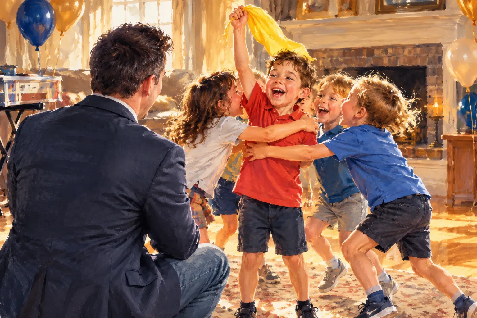 Illustration of a birthday boy holding a yellow scarf high as his friends rush in to hug him, while Matt kneels in the foreground with his back to the viewer, watching.